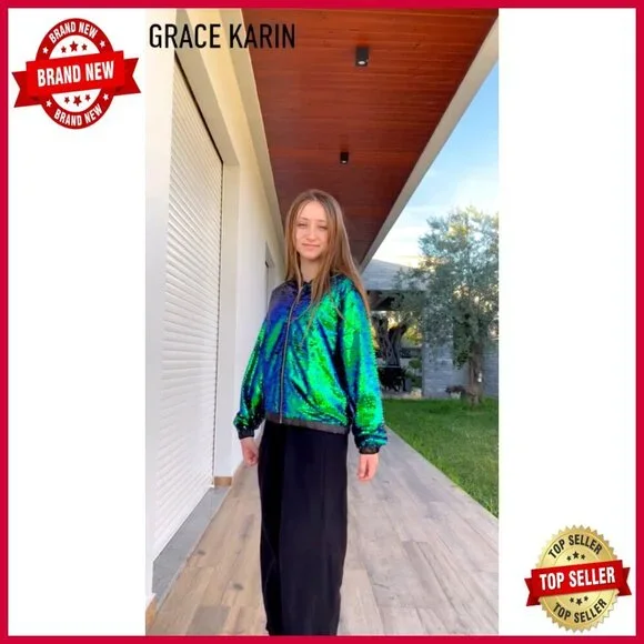 Girls Sequin Bomber Jacket Size 5-14 Polyester Viscose Windproof Zipper - Picture 7 of 7